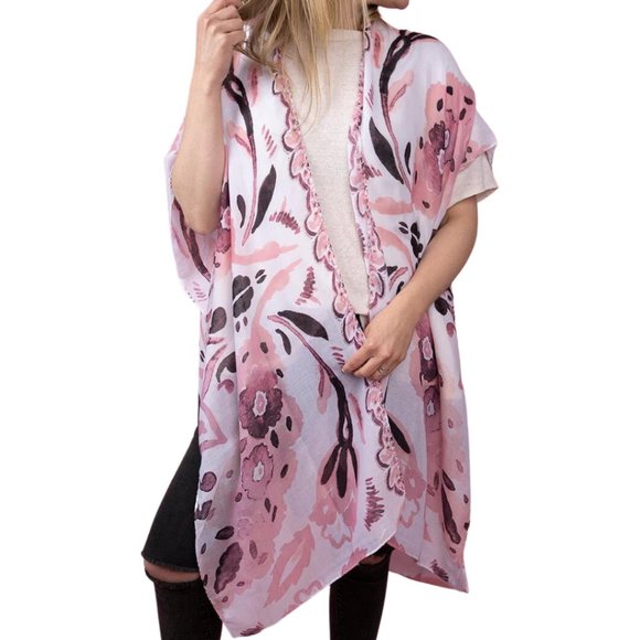 Skyline Sweaters - Floral Watercolor Print Kimono Cardigan Coverup One Size NWT